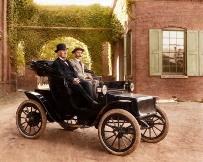 Thomas Edison and Mr. Greenfeldt in a Baker electric automobile, 1910, digitally edited