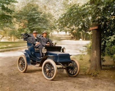 Thomas Alva Edison and William Billy Bee in Detroit Electric automobile on Edge Hill Avenue in