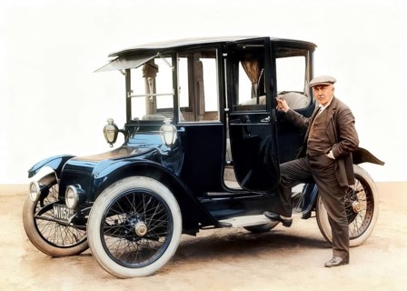 Thomas Alva Edison, 1847 - 1931, American inventor, with Detroit Electric automobile, 1913,