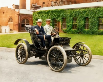 Thomas Alva Edison and Col. E.M.E. Bailey in Bailey Electric automobile powered by Edison Storage