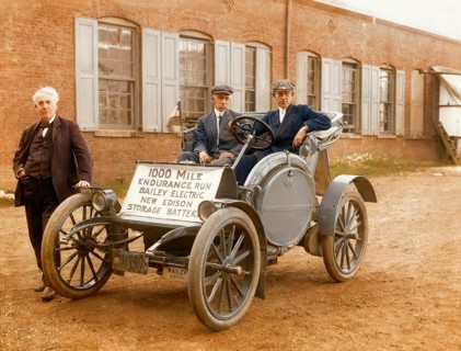 Thomas Edison with his Electric automobile 1910, together with Captain W. Langdon, Bailey Co. test