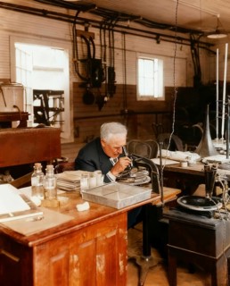 Thomas Alva Edison examining a phonograph disc under a microscope, digitally edited