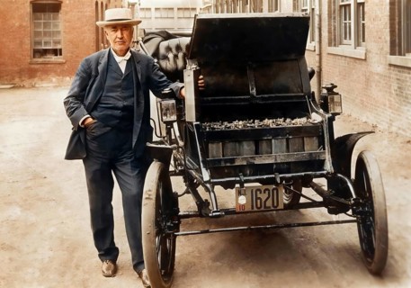 Thomas Alva Edison, 1847 - 1931, American inventor, with his electric car, 1911, digitally edited