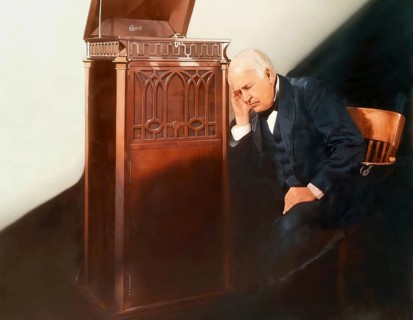 Thomas Alva Edison listening to his disc phonograph, digitally edited