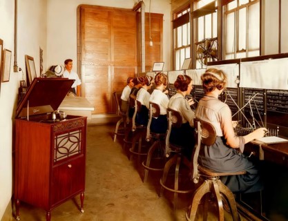 Switchboard operators listening to the Edison‘s phonograph, 1919, digitally edited