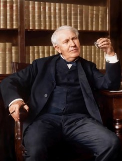 Thomas Alva Edison examining his phonograph recording apparatus, digitally edited
