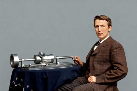 Thomas Alva Edison, 1847 - 1931, American inventor, Thomas Edison demonstrating the Tin-Foil