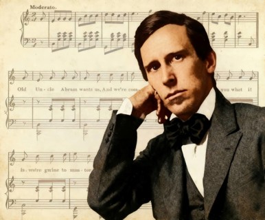 Portrait of Stephen Collins Foster with the sheet music of his minstrel song A soldier in the