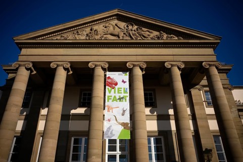 Entrance, tympanum, advertising poster, diversity, Natural History Museum Stuttgart, Rosenstein