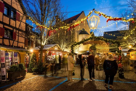 Christmas market, blue hour, Eguisheim, Haut-Rhin, Grand Est Region, Alsace, France