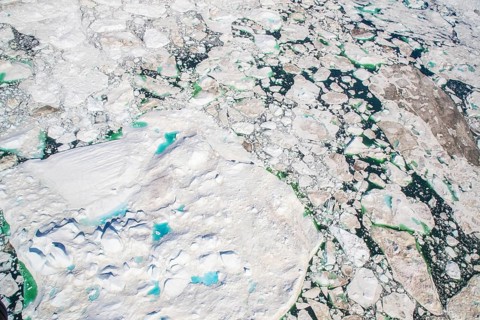 Aerial view of melting icepack and icebergs, Greenland (Kalaallit Nunaat), Arctic Ocean, climate