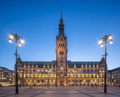 Hamburg City Hall with illuminated façade at the blue hour, Hamburg, Germany