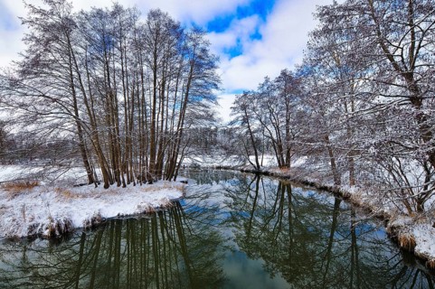 Wintery floodplain landscape along the Schmutter in the Augsburg Western Wälder nature park Park,