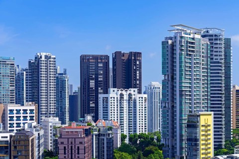 Skyline showing residential high-rise buildings and skyscrapers with flats and apartments in the