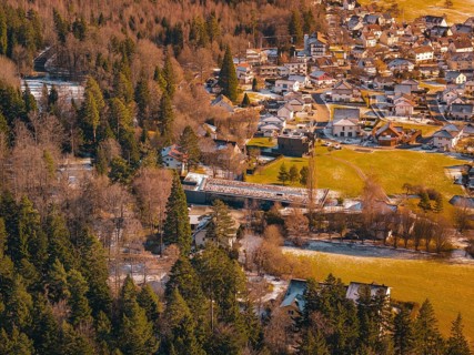 A bridge over a river surrounded by trees leads to a village in a snowy landscape, Hallwangen,
