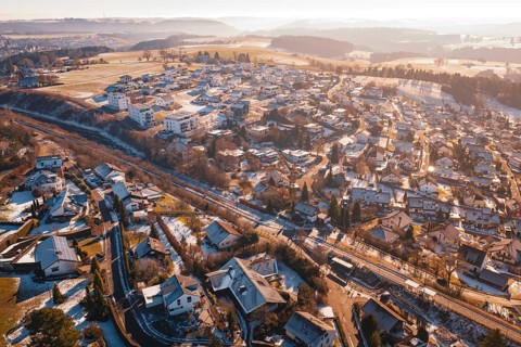 Snowy roofs of a village seen from above in a wintry landscape, Aach, Dornstetten, Freudenstadt