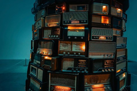 Side view of vintage radios, illuminated and artfully arranged, Tate Modern of Art, Lodon, United