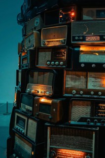 Close-up of stacked vintage radios with lighting effects, Tate Modern of Art, Lodon, United Kingdom