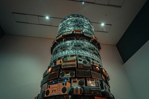 Large tower of old radios, artfully stacked in space, Tate Modern of Art, Lodon, United Kingdom