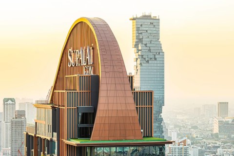 Over the rooftops of Bangkok, roof structure of the luxury residential residence Supalai Icon, view