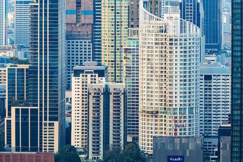 Skyscraper facades in Bangkok, view from the Moon Bar on the roof terrace of the Banyan Tree Hotel,