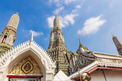 Pagodas with ceramic inlays, Wat Arun Buddhist temple, Bangkok, Thailand's metropolis, Thailand
