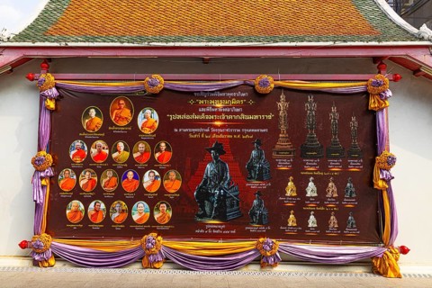 Panel with hierarchies of monks and Buddhas on the road to the Wat Arun Buddhist temple, Bangkok,