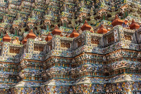 Pagoda with ceramic inlays, Wat Arun Buddhist temple, Bangkok, Thailand's metropolis, Thailand