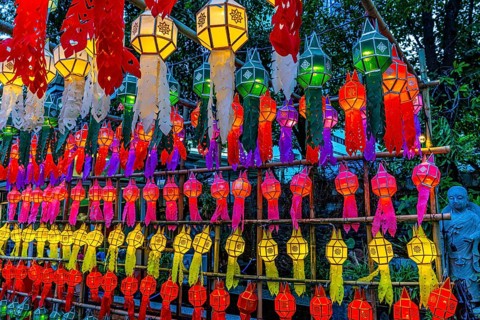 Colourful illuminated lanterns at Suthiwararam Buddhist Temple, Bangkok, Thailand's metropolis,