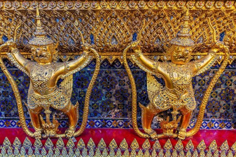 The Grand Royal Palace, Wat Phra Kaeo Buddhist Temple, guarded by Yakshas, Phra Nakhon, Bangkok,