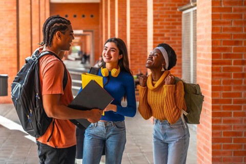 Group of happy young university students from different ethnicities communicating and celebrating