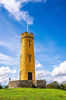 Binns Tower over Scotish farms and Forth Estuary, House of the Binns, Linlithgow, Scotland, UK