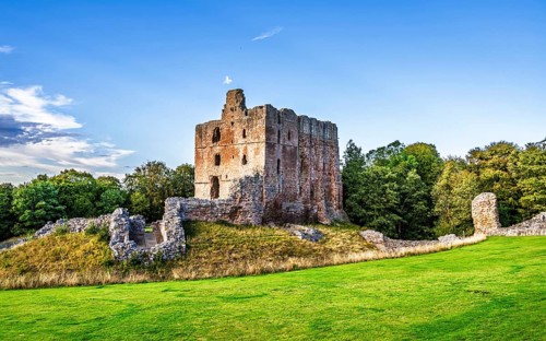 Ruins of Norham Castle and River Tweed, Norham, Northumberland, England, United Kingdom