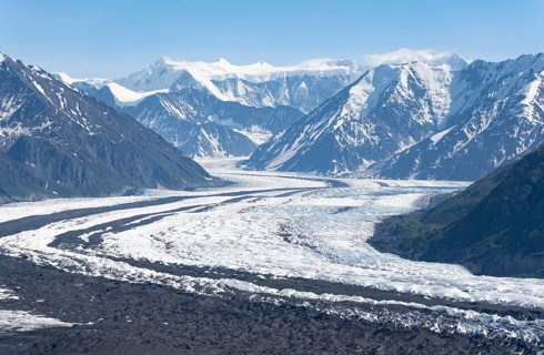 View of impressive mountain landscape with Matanuska glacier and glaciated mountain peaks, Lion's