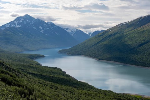 View of blue lake and mountains on Twin Peaks Trail, Eklutna Lake, Chugach Mountains, Chugach State