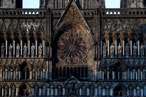 Detailed gothic façade with rose window, Trondheim, Trøndelag, Norway