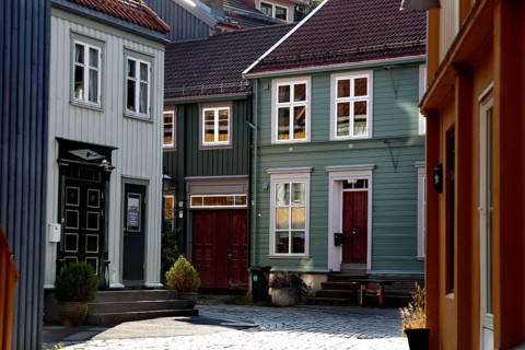 Colourful houses with characteristic details and shadows, Trondheim, Trøndelag, Norway
