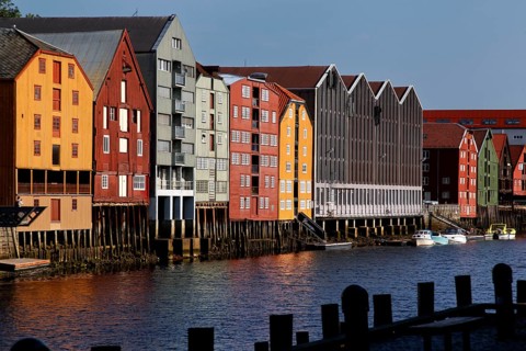 View of the characteristic warehouses along the banks of the Nidelva, Trondheim, Norway