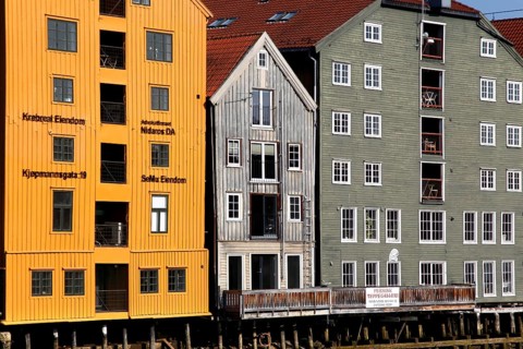 Close-up of warehouses on Nidelva in Trondheim with colorful architecture, Trondheim, Norway