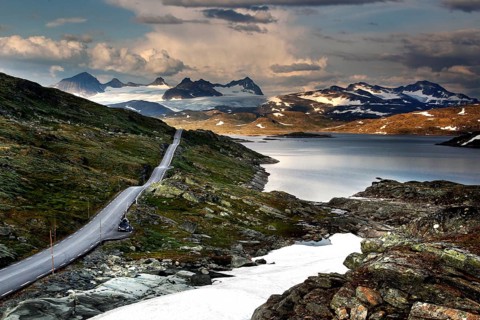 Panorama of majestic mountains and roads along the Sognefjell Pass, Sognefjell, Norway