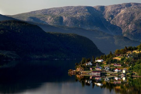 Picturesque village on Hardangerfjord with mountains in the background, Ulvik, zero, Norway