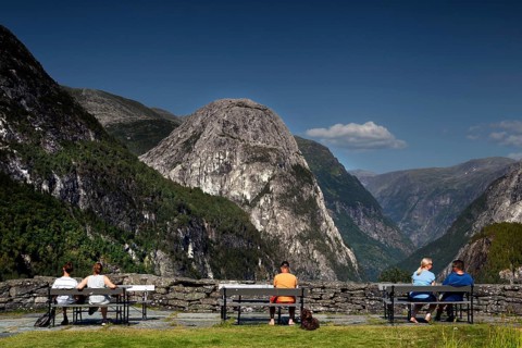 Majestic view from Stalheim Hotel into Nærøytal, surrounded by steep mountains, Nærøytal, Vestland,