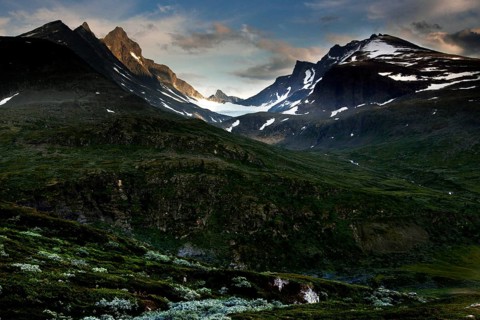 Impressive Skagastølstindane mountain range near Sognefjell with snow-capped peaks, Sognefjell,