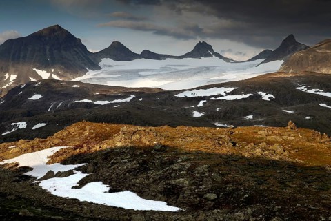 Majestic view of snow-capped Skagastølstindane mountains in Sognefjell, Sognefjell, Norway