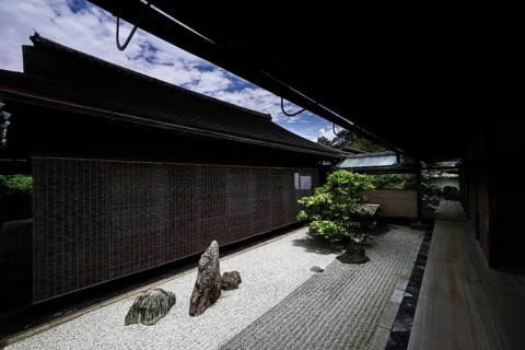 Japanese zen garden in Daisenin Temple with gravel and stones, quiet shade area, Kyoto, Daisen-in,