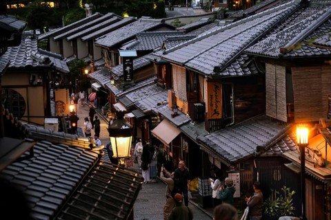 Atmospheric night view of lantern-lit street in Ninenzaka, Kyoto, Kansai, Japan