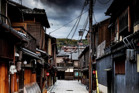 Historic street with old wooden houses in Hatsune-Koji, Gion, Kyoto, Kansai, Japan