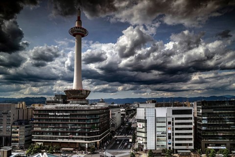 Dramatic clouds over Kyoto Tower with view from Central Station, Kyoto, Kansai, Japan