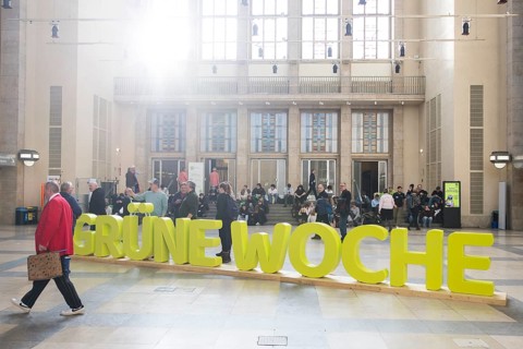 Sign in the entrance hall at the Green Week at the exhibition center in Berlin on 16.01.2026. The