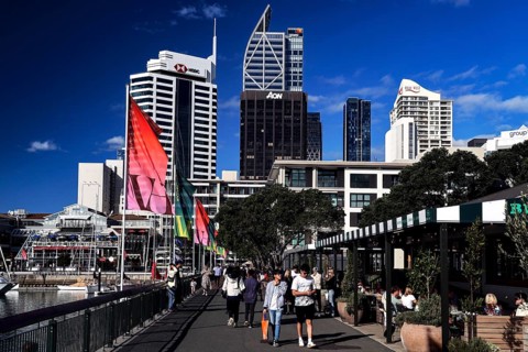 View of Auckland CBD from Viaduct Harbour under clear skies, Auckland, region, New Zealand